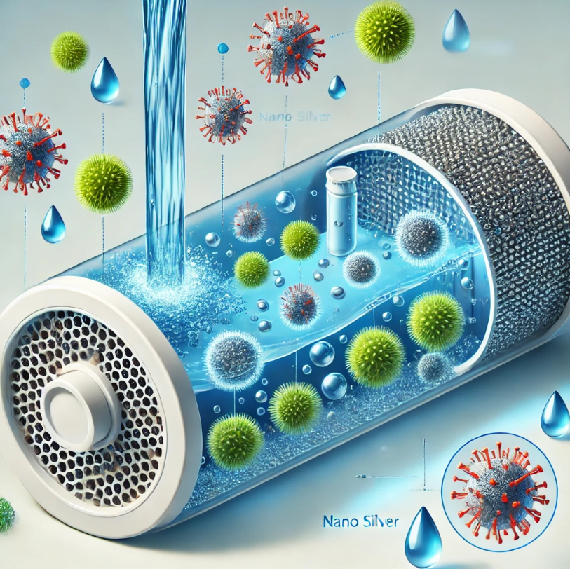 نمایش نحوه عبور آب از فیلتر نانو سیلور و از بین رفتن میکروب‌ها و باکتری‌ها با استفاده از نانوذرات نقره