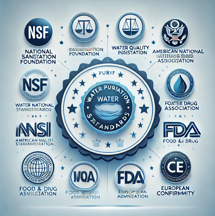 تصویر اینفوگرافیک شامل لوگوهای استانداردهای معتبر تصفیه آب، از جمله NSF، ANSI، WQA، FDA و CE.