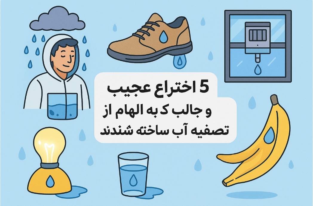 تصویر خلاقانه از پنج اختراع الهام گرفته از تصفیه آب شامل کفش هوشمند، لباس جمع‌آوری باران، پنجره فیلتردار، لامپ خورشیدی و پوست موز